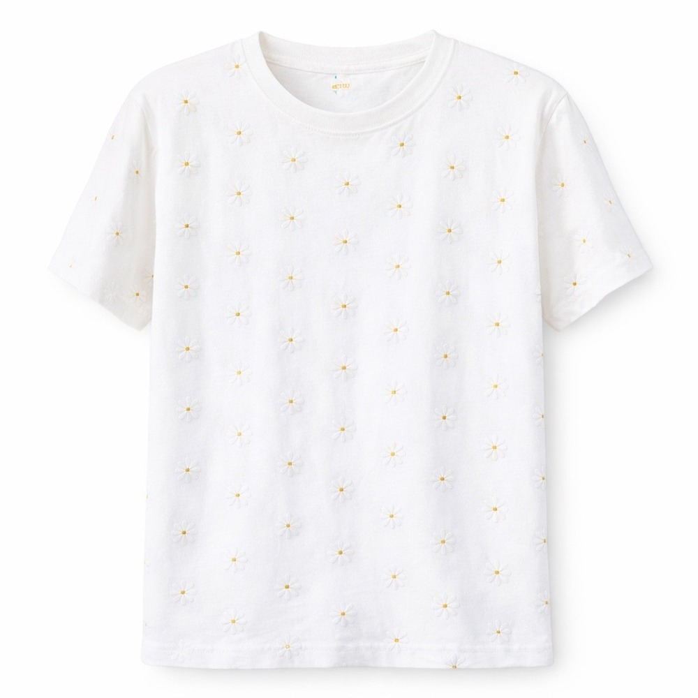 J.NNA Womens Daisy Floral Ribbed Short Sleeve T-Shirt White JT37041 Size M